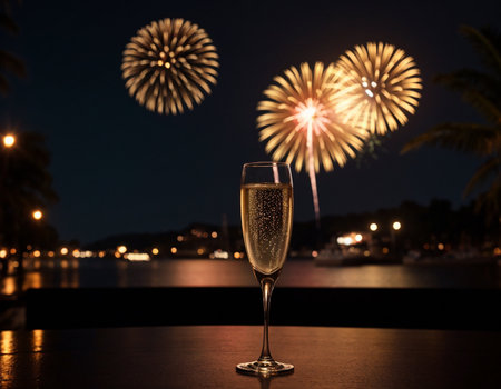 Glasses of champagne on a table with fireworks in the background. High quality illustrationの素材