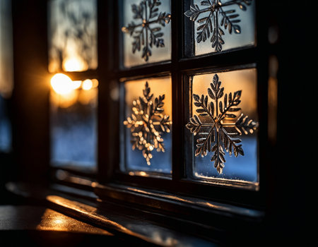 A close up of a window with frost on it, cold sunshine through window, cold light from the windowの素材