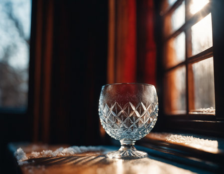 A glass of water sitting on top of a wooden table, cold light from the window, cold sunshine through window, light through glassの素材