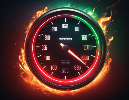 A speedometer shrouded in flames. High quality illustrationの素材