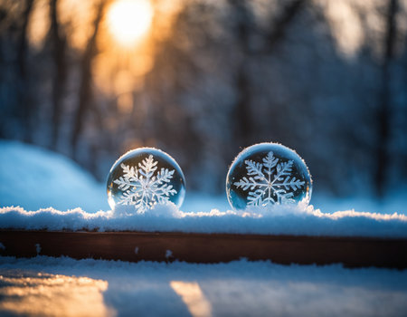 Two snow globes sitting on top of a snow covered ground, inside a snow globe, snow globe, snowglobe, lens flare snow stormの素材