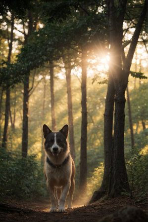 A dog in the morning forest. High quality illustrationの素材