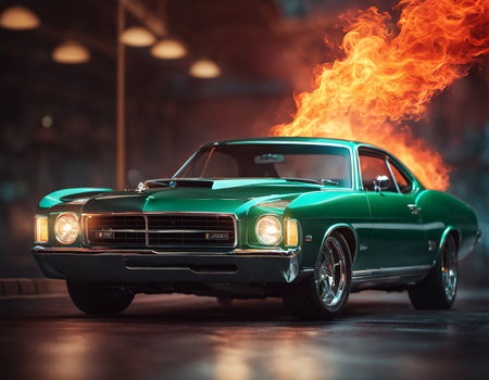 A green car with flames coming out of it. High quality illustrationの素材