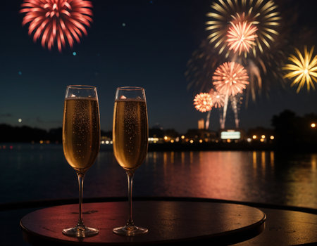 Glasses of champagne on a table with fireworks in the background. High quality illustrationの素材