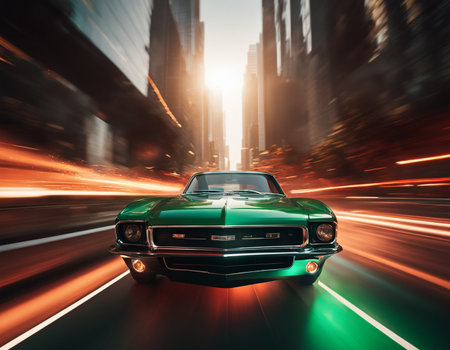 A green car driving down a city street, car photography, automotive photography, car shotの素材