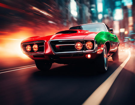 A red car driving down a street at night, red and cinematic lightingの素材