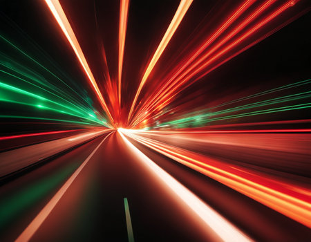 A green and red light streaks through a black backgroundの素材