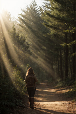 A traveler walks along a forest path. High quality illustrationの素材