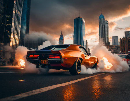 a red car driving down a city street, red and cinematic lighting, cinematic front shotの素材