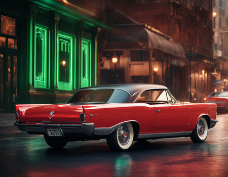 a red car driving down a city street, red and cinematic lighting, cinematic front shotの素材