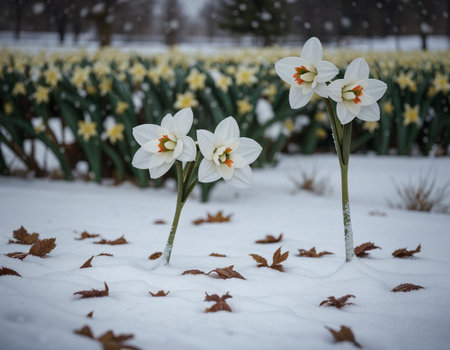White daffodils are standing in the snow, daffodils. High quality illustrationの素材