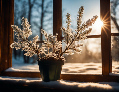 A potted plant sitting on top of a snow covered window sill, cold light from the window, cold sunshine through window, winter settingの素材
