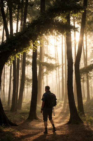 A traveler walks along a forest path. High quality illustrationの素材