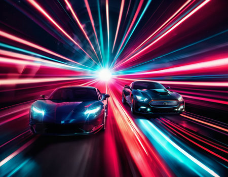 A car driving down a city street, car photography, automotive photography, car shotの素材