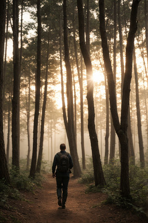 A traveler walks along a forest path. High quality illustrationの素材