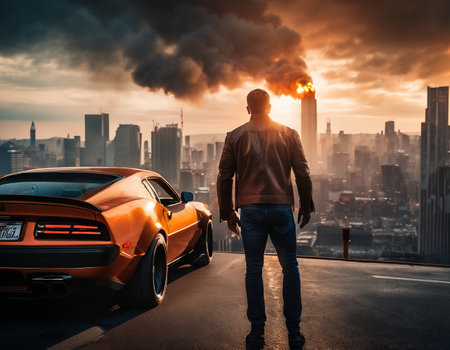 A man standing next to a sports car on a city street. High quality illustrationの素材