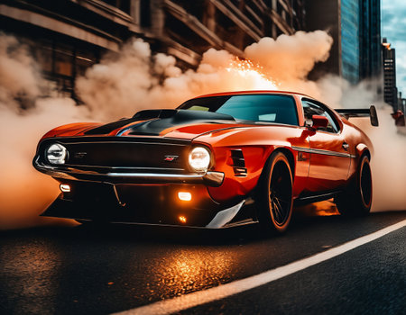 a red car driving down a city street, red and cinematic lighting, cinematic front shotの素材