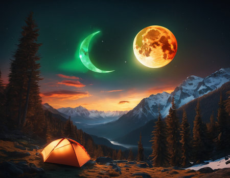 A fabulous mountain landscape with a bright moon. Tourist landscape. Nature in the window.Saturated colors.High quality illustrationの素材