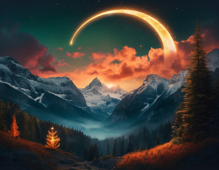 A fabulous mountain landscape with a bright moon. Tourist landscape. Nature in the window.Saturated colors.High quality illustrationの素材