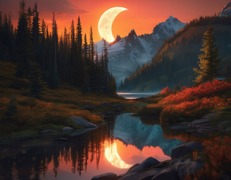 A fabulous mountain landscape with a bright moon. Tourist landscape. Nature in the window.Saturated colors.High quality illustrationの素材