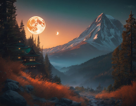 A fabulous mountain landscape with a bright moon. Tourist landscape. Nature in the window.Saturated colors.High quality illustrationの素材