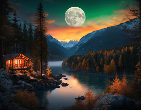 A fabulous mountain landscape with a bright moon. Tourist landscape. Nature in the window.Saturated colors.High quality illustrationの素材