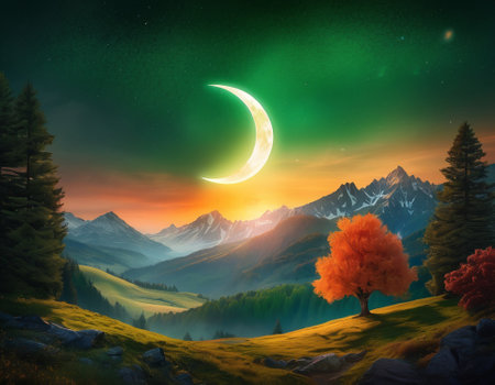 A fabulous mountain landscape with a bright moon. Tourist landscape. Nature in the window.Saturated colors.High quality illustrationの素材