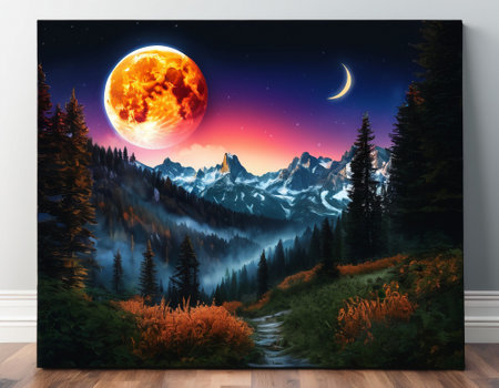 A fabulous mountain landscape with a bright moon. Tourist landscape. Nature in the window.Saturated colors.High quality illustrationの素材