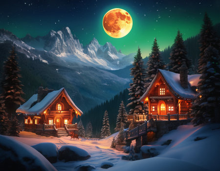 A fabulous mountain landscape with a bright moon. Tourist landscape. Nature in the window.Saturated colors.High quality illustrationの素材