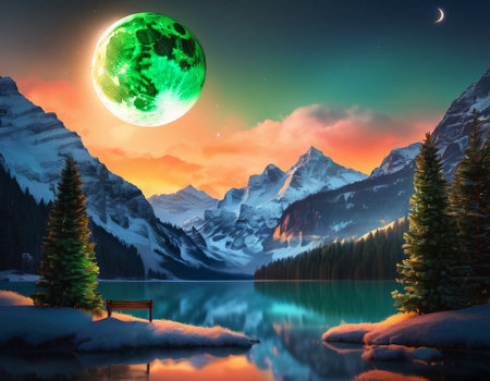 A fabulous mountain landscape with a bright moon. Tourist landscape. Nature in the window.Saturated colors.High quality illustrationの素材
