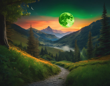 A fabulous mountain landscape with a bright moon. Tourist landscape. Nature in the window.Saturated colors.High quality illustrationの素材