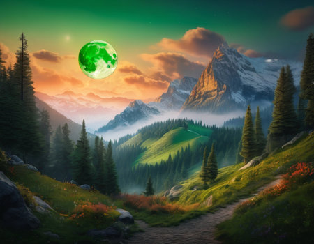 A fabulous mountain landscape with a bright moon. Tourist landscape. Nature in the window.Saturated colors.High quality illustrationの素材