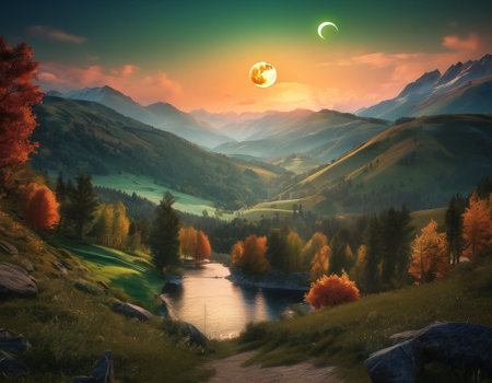 A fabulous mountain landscape with a bright moon. Tourist landscape. Nature in the window.Saturated colors.High quality illustrationの素材