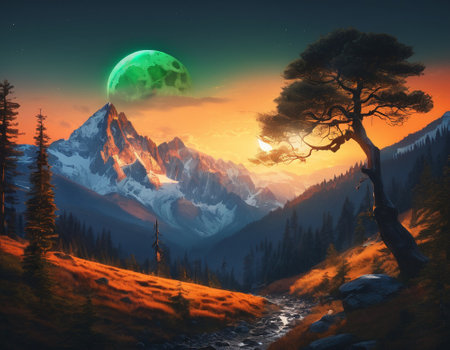 A fabulous mountain landscape with a bright moon. Tourist landscape. Nature in the window.Saturated colors.High quality illustrationの素材
