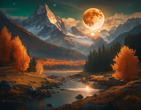 A fabulous mountain landscape with a bright moon. Tourist landscape. Nature in the window.Saturated colors.High quality illustrationの素材