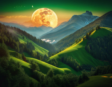 A fabulous mountain landscape with a bright moon. Tourist landscape. Nature in the window.Saturated colors.High quality illustrationの素材
