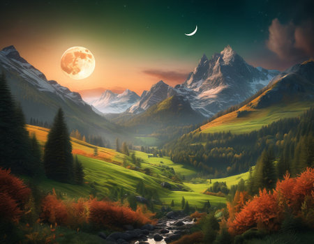 A fabulous mountain landscape with a bright moon. Tourist landscape. Nature in the window.Saturated colors.High quality illustrationの素材