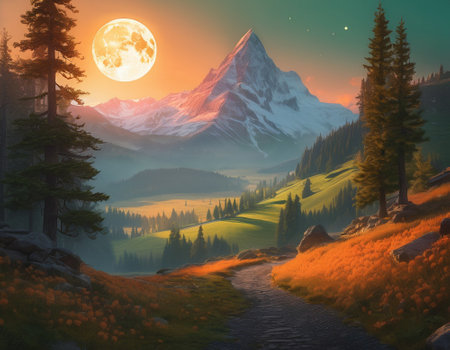 A fabulous mountain landscape with a bright moon. Tourist landscape. Nature in the window.Saturated colors.High quality illustrationの素材