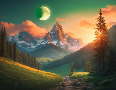 A fabulous mountain landscape with a bright moon. Tourist landscape. Nature in the window.Saturated colors.High quality illustrationの素材