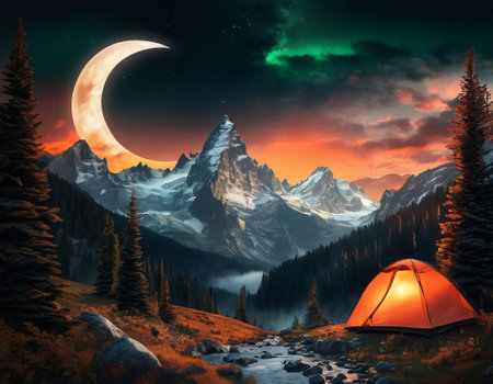 A fabulous mountain landscape with a bright moon. Tourist landscape. Nature in the window.Saturated colors.High quality illustrationの素材