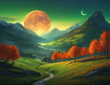 A fabulous mountain landscape with a bright moon. Tourist landscape. Nature in the window.Saturated colors.High quality illustrationの素材