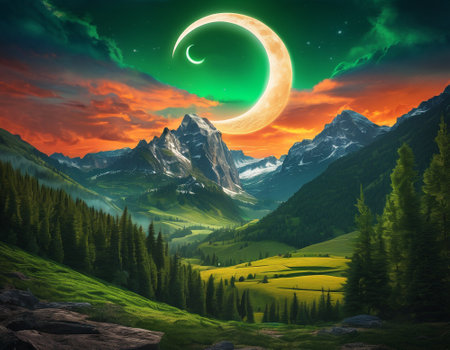A fabulous mountain landscape with a bright moon. Tourist landscape. Nature in the window.Saturated colors.High quality illustrationの素材