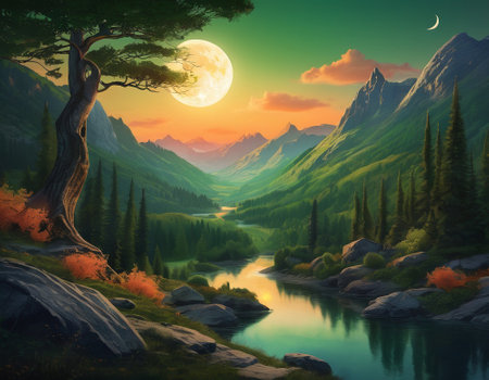 A fabulous mountain landscape with a bright moon. Tourist landscape. Nature in the window.Saturated colors.High quality illustrationの素材