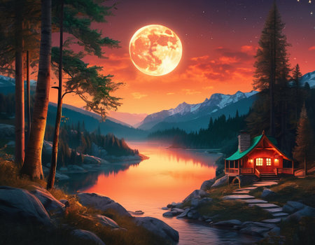 A fabulous mountain landscape with a bright moon. Tourist landscape. Nature in the window.Saturated colors.High quality illustrationの素材