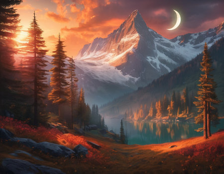 A fabulous mountain landscape with a bright moon. Tourist landscape. Nature in the window.Saturated colors.High quality illustrationの素材