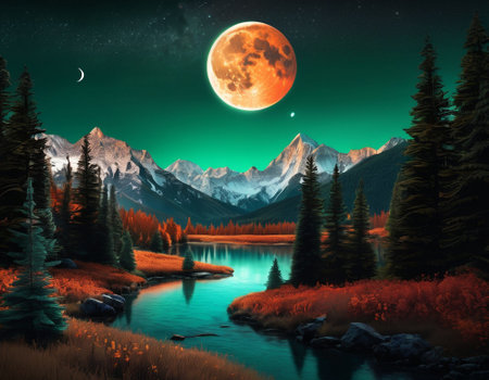 A fabulous mountain landscape with a bright moon. Tourist landscape. Nature in the window.Saturated colors.High quality illustrationの素材