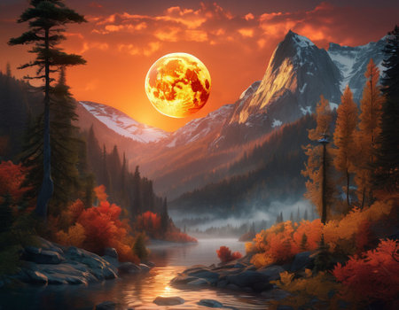 A fabulous mountain landscape with a bright moon. Tourist landscape. Nature in the window.Saturated colors.High quality illustrationの素材