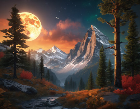 A fabulous mountain landscape with a bright moon. Tourist landscape. Nature in the window.Saturated colors.High quality illustrationの素材