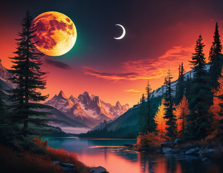 A fabulous mountain landscape with a bright moon. Tourist landscape. Nature in the window.Saturated colors.High quality illustrationの素材