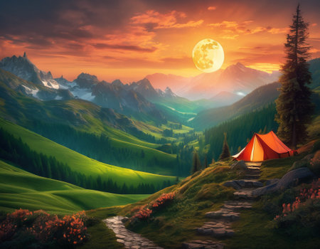 A fabulous mountain landscape with a bright moon. Tourist landscape. Nature in the window.Saturated colors.High quality illustrationの素材